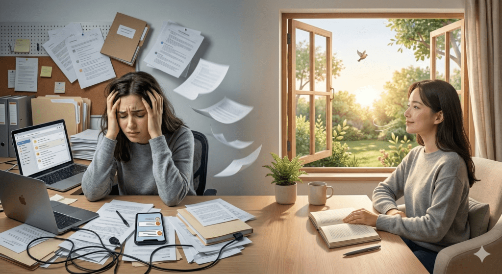 Professional feeling overwhelmed at work, taking a step back to regain clarity and productivity