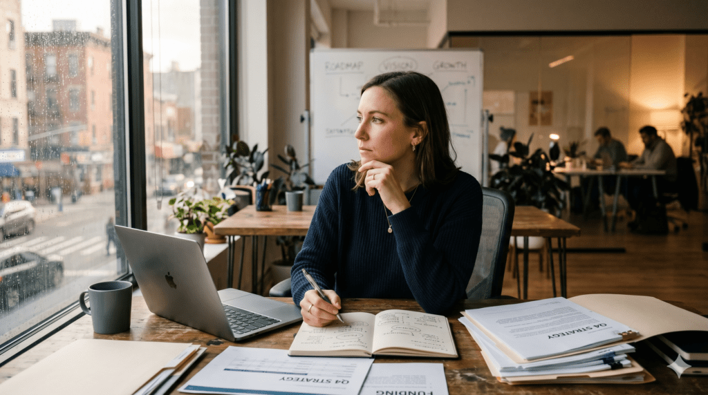 Founder sitting thoughtfully in a modern workspace while reflecting on an important business decision during company growth