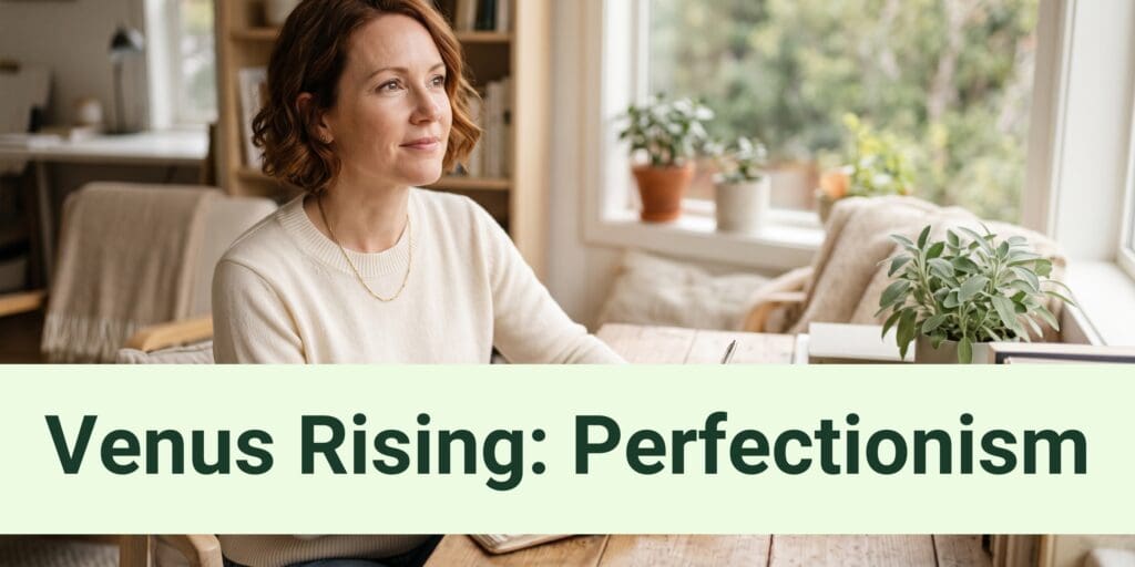 A reflective woman in her early 40s sits at a sunlit wooden desk in a minimalist home office, pausing mid-thought while journaling. She wears a cream sweater and has a calm, confident expression, looking out a large window. A warm mug of tea and soft green plants create a Kinfolk-style lifestyle aesthetic with generous negative space in the upper left.