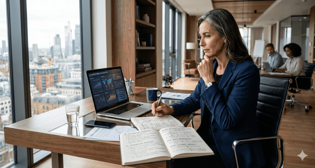Thoughtful female business leader working at a modern office desk analyzing AI data visualizations on a laptop and taking notes in a journal.