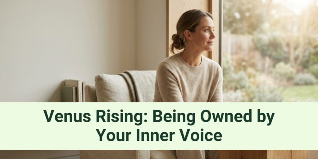 Professional woman sitting thoughtfully at her desk while reflecting on competing inner voices, symbolizing self-awareness, the inner critic, and authentic leadership.