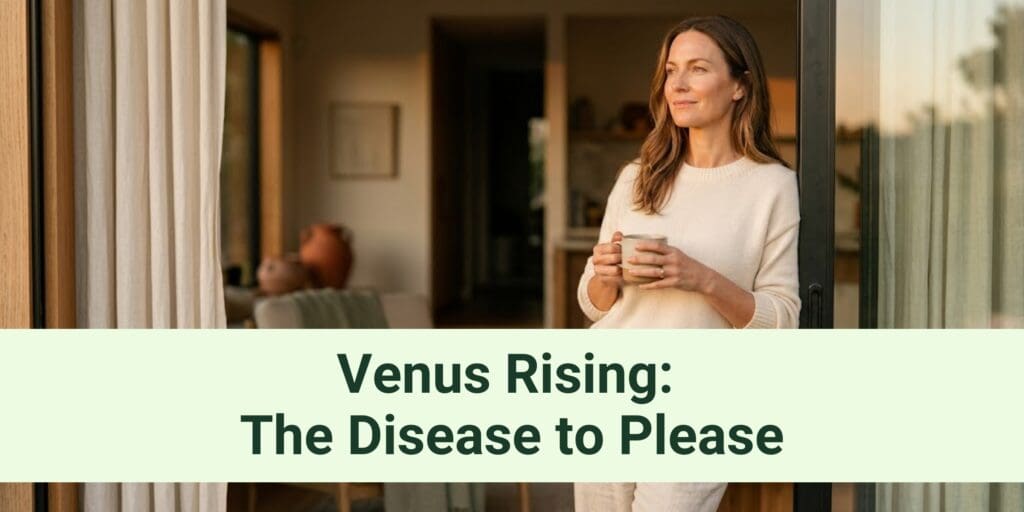 Alt Text Woman standing at her front door in quiet contemplation after receiving a dinner invitation, symbolizing people-pleasing, boundaries, and learning to trust her own voice.